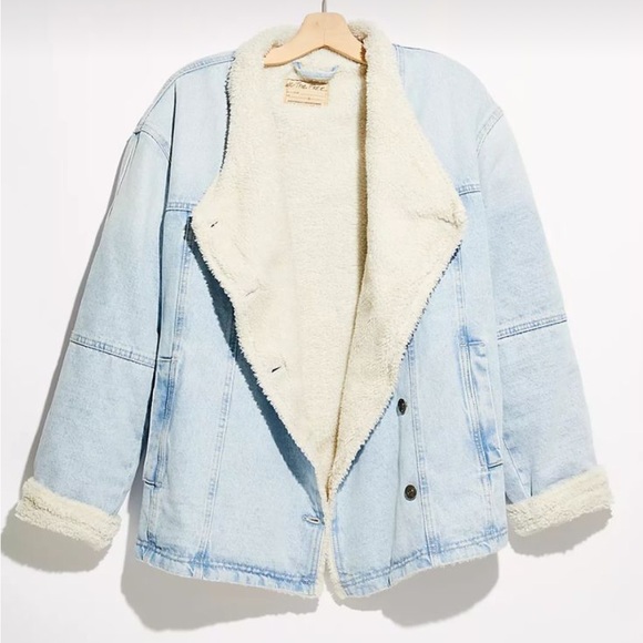 Free people twisted heart cozy denim jacket coat shearling fleece we the free M - Picture 1 of 9